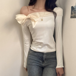 베이비 쉬폰 리본 오프숄더 탑 긴팔 티셔츠 아이보리