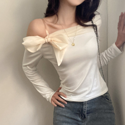 베이비 쉬폰 리본 오프숄더 탑 긴팔 티셔츠 아이보리