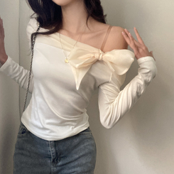 베이비 쉬폰 리본 오프숄더 탑 긴팔 티셔츠 아이보리