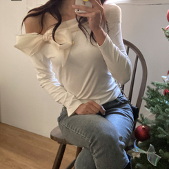 베이비 쉬폰 리본 오프숄더 탑 긴팔 티셔츠 아이보리