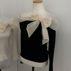 베이비 쉬폰 리본 오프숄더 탑 긴팔 티셔츠