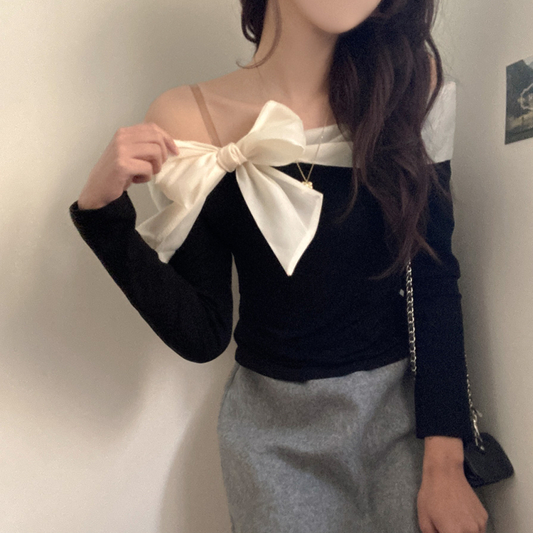 베이비 쉬폰 리본 오프숄더 탑 긴팔 티셔츠 블랙