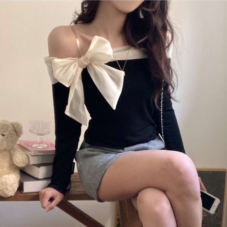 베이비 쉬폰 리본 오프숄더 탑 긴팔 티셔츠 블랙