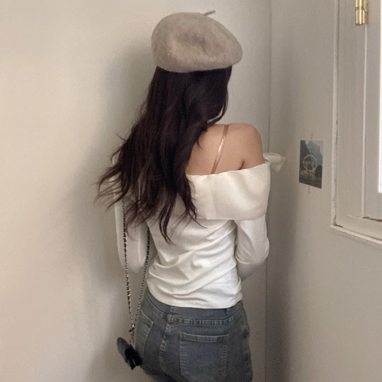 베이비 쉬폰 리본 오프숄더 탑 긴팔 티셔츠 아이보리