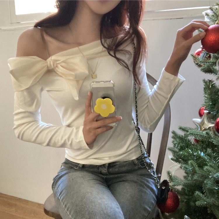 베이비 쉬폰 리본 오프숄더 탑 긴팔 티셔츠 아이보리