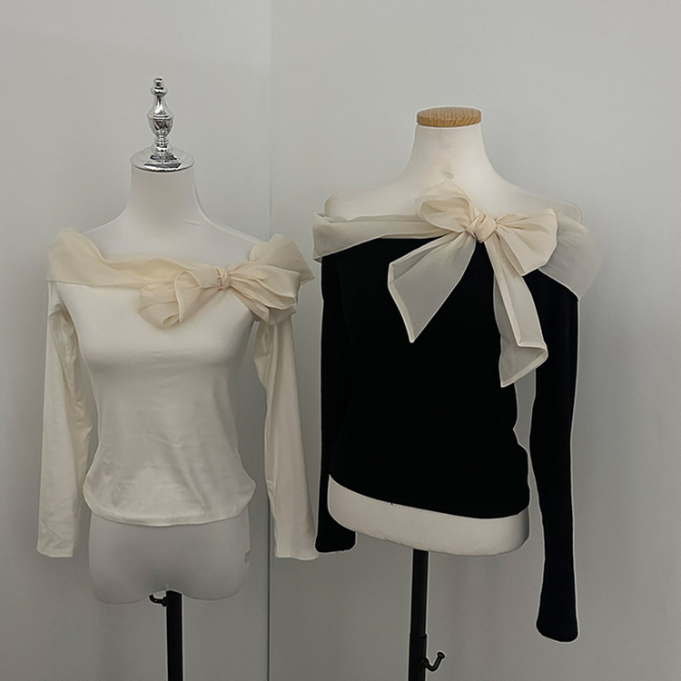베이비 쉬폰 리본 오프숄더 탑 긴팔 티셔츠