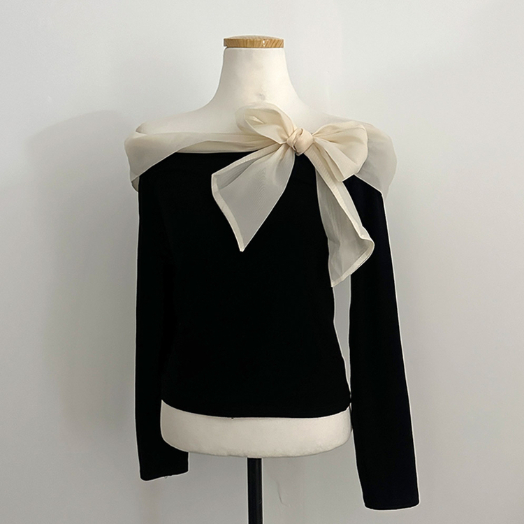 베이비 쉬폰 리본 오프숄더 탑 긴팔 티셔츠