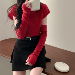 보드리 반폴라 캡소매 팬던트 반팔 편안한 워머 투피스 세트 레드