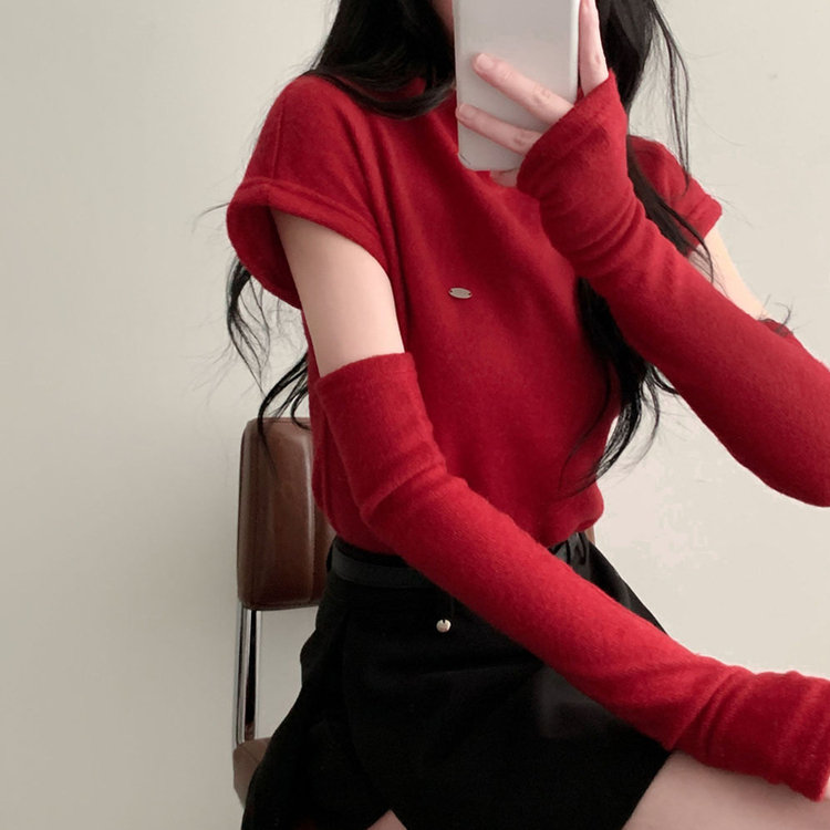 보드리 반폴라 캡소매 팬던트 반팔 편안한 워머 투피스 세트 레드