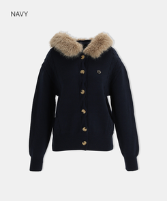 ファーケーブルボタンカーディガン NAVY