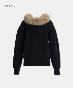 ファーケーブルボタンカーディガン NAVY