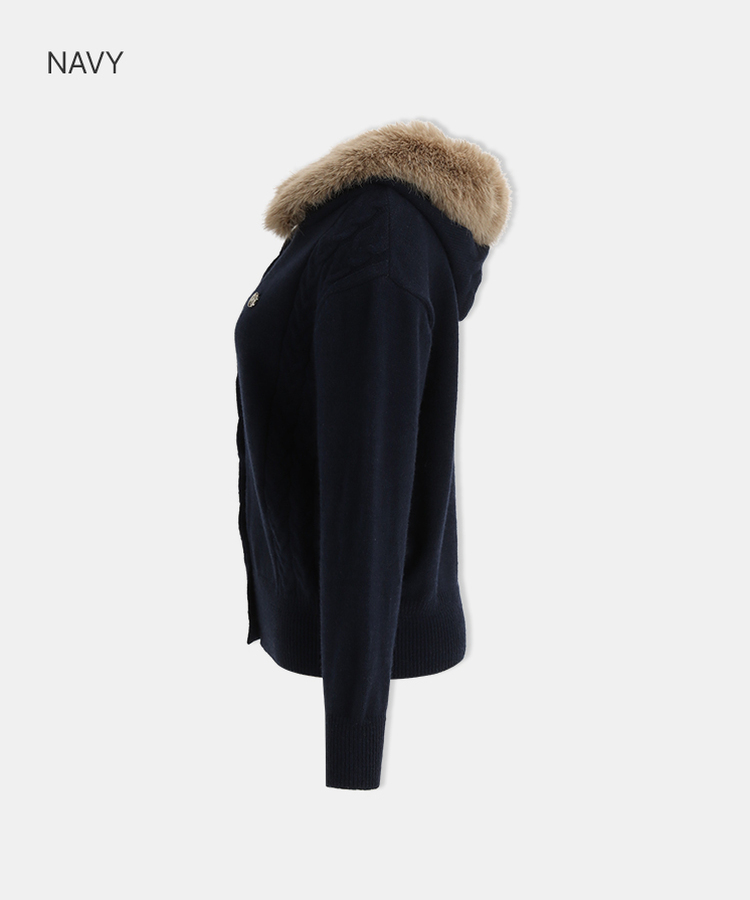 ファーケーブルボタンカーディガン NAVY
