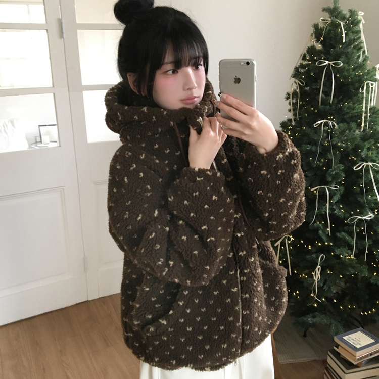 미찌 누빔 안감 도트 뽀글이 스트링 후드 집업 점퍼