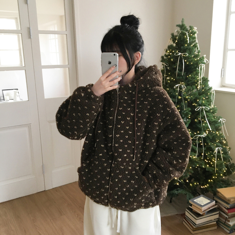 미찌 누빔 안감 도트 뽀글이 스트링 후드 집업 점퍼