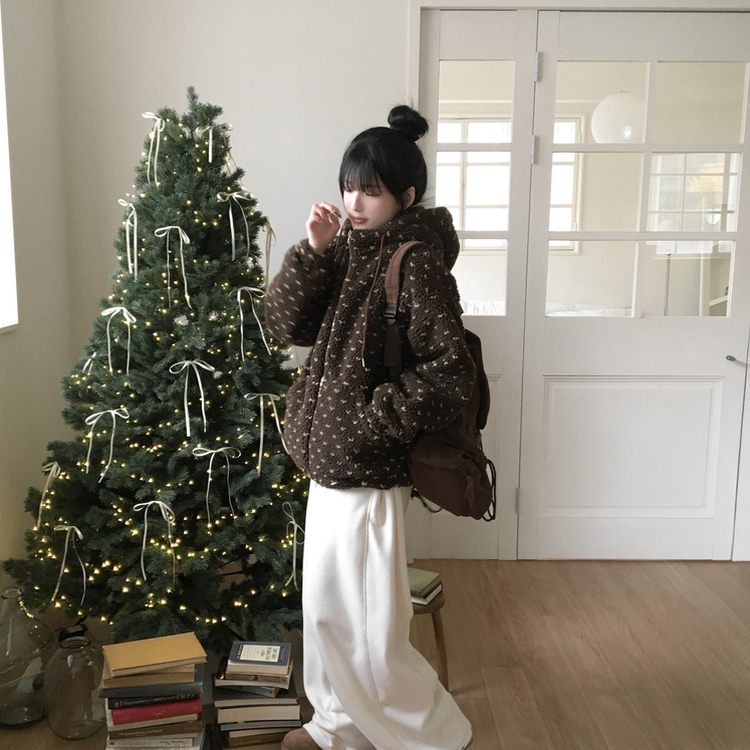 미찌 누빔 안감 도트 뽀글이 스트링 후드 집업 점퍼