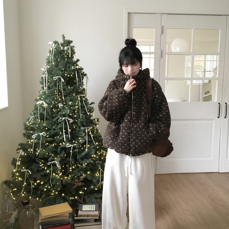 미찌 누빔 안감 도트 뽀글이 스트링 후드 집업 점퍼