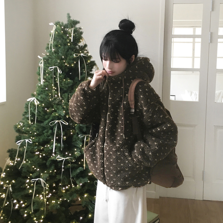 미찌 누빔 안감 도트 뽀글이 스트링 후드 집업 점퍼