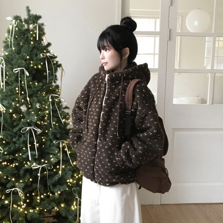 미찌 누빔 안감 도트 뽀글이 스트링 후드 집업 점퍼