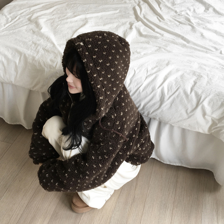 미찌 누빔 안감 도트 뽀글이 스트링 후드 집업 점퍼