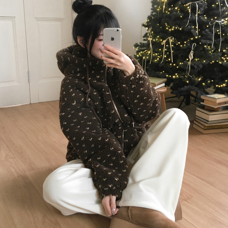 미찌 누빔 안감 도트 뽀글이 스트링 후드 집업 점퍼