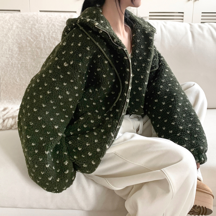 미찌 누빔 안감 도트 뽀글이 스트링 후드 집업 점퍼