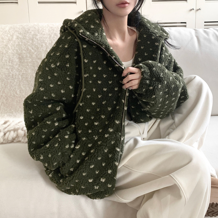 미찌 누빔 안감 도트 뽀글이 스트링 후드 집업 점퍼