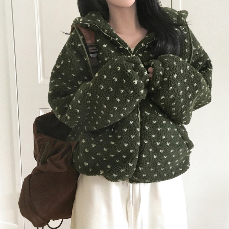 미찌 누빔 안감 도트 뽀글이 스트링 후드 집업 점퍼