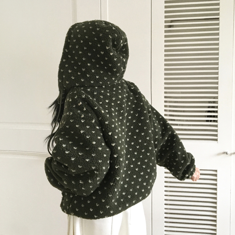 미찌 누빔 안감 도트 뽀글이 스트링 후드 집업 점퍼