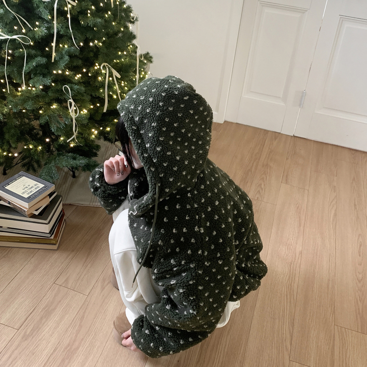 미찌 누빔 안감 도트 뽀글이 스트링 후드 집업 점퍼