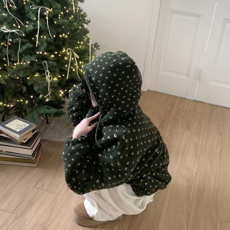 미찌 누빔 안감 도트 뽀글이 스트링 후드 집업 점퍼