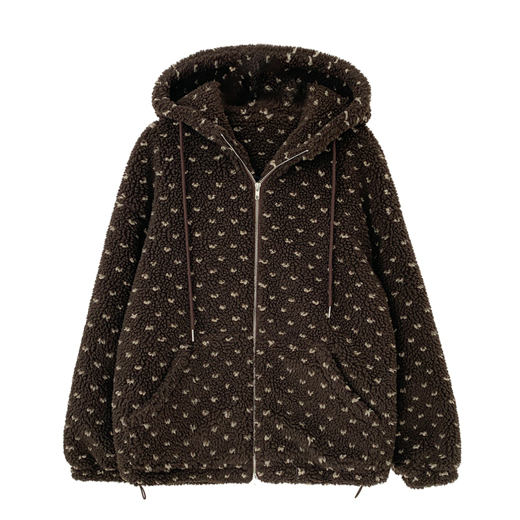 미찌 누빔 안감 도트 뽀글이 스트링 후드 집업 점퍼