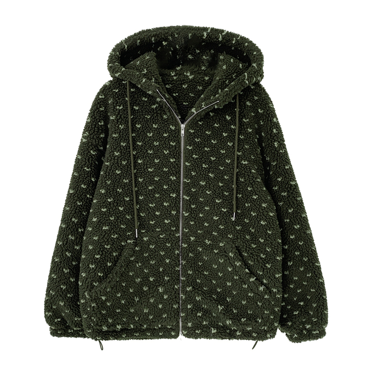 미찌 누빔 안감 도트 뽀글이 스트링 후드 집업 점퍼