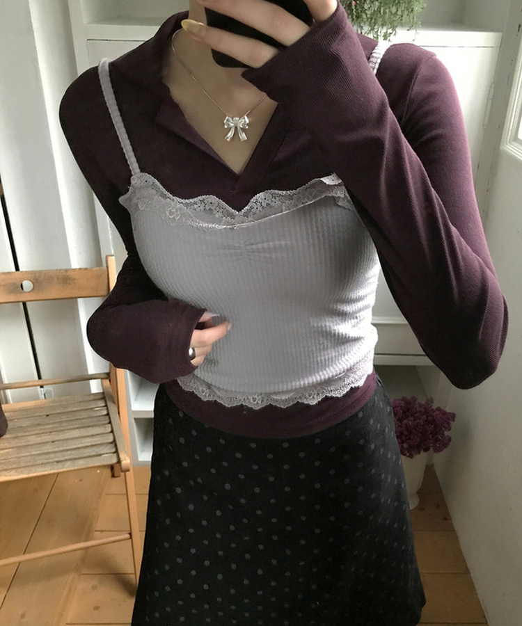 미우 카라 티셔츠 레이어드용 텐셀 카라티 다크퍼플