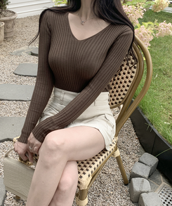 リブ 長袖 ニット 7カラー BROWN