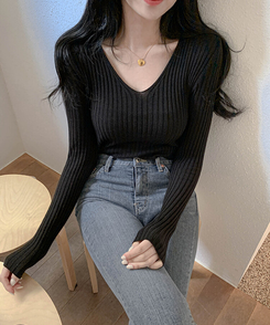 リブ 長袖 ニット 7カラー BLACK