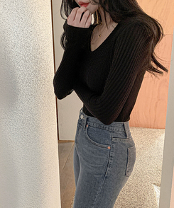 リブ 長袖 ニット 7カラー BLACK