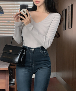 リブ 長袖 ニット 7カラー LIGHT GRAY