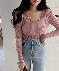 リブ 長袖 ニット 7カラー PINK