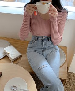 リブ 長袖 ニット 7カラー PINK