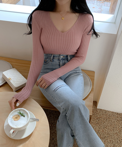 リブ 長袖 ニット 7カラー PINK