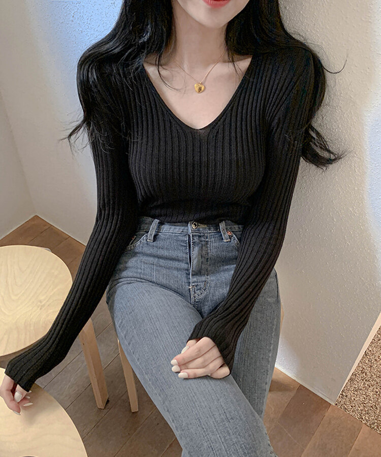 リブ 長袖 ニット 7カラー BLACK