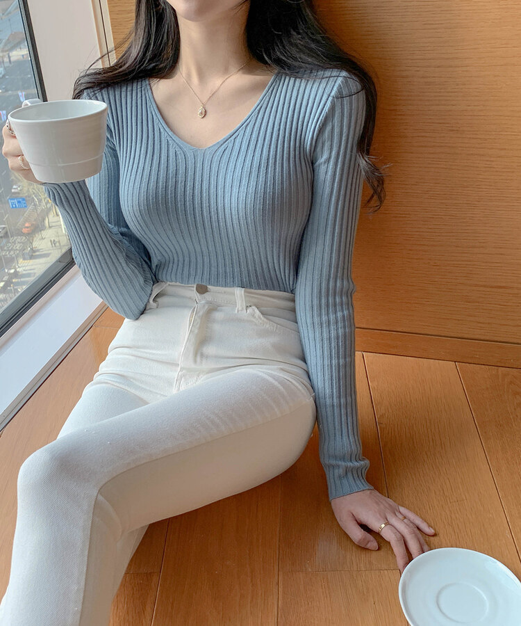 リブ 長袖 ニット 7カラー SKY BLUE