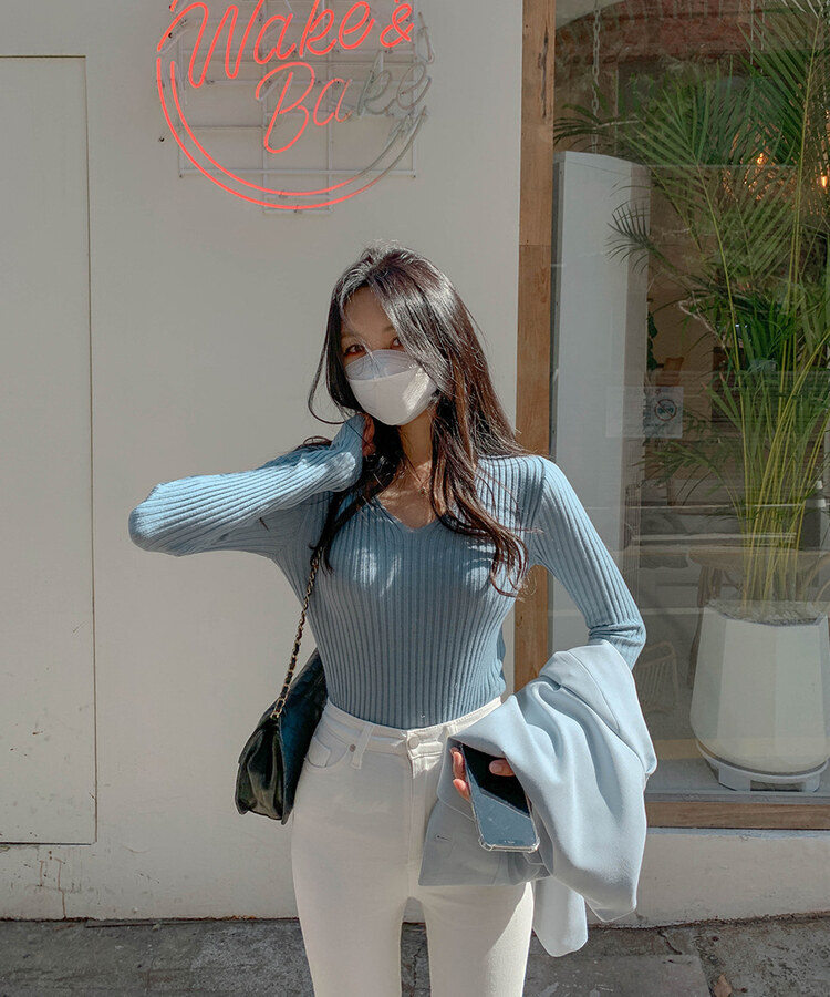 リブ 長袖 ニット 7カラー SKY BLUE