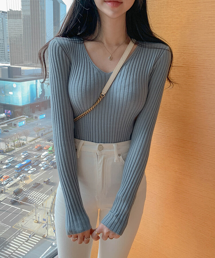 リブ 長袖 ニット 7カラー SKY BLUE