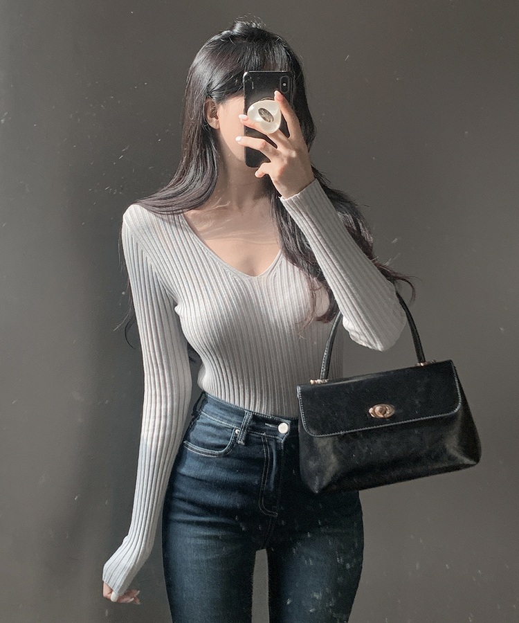 リブ 長袖 ニット 7カラー LIGHT GRAY