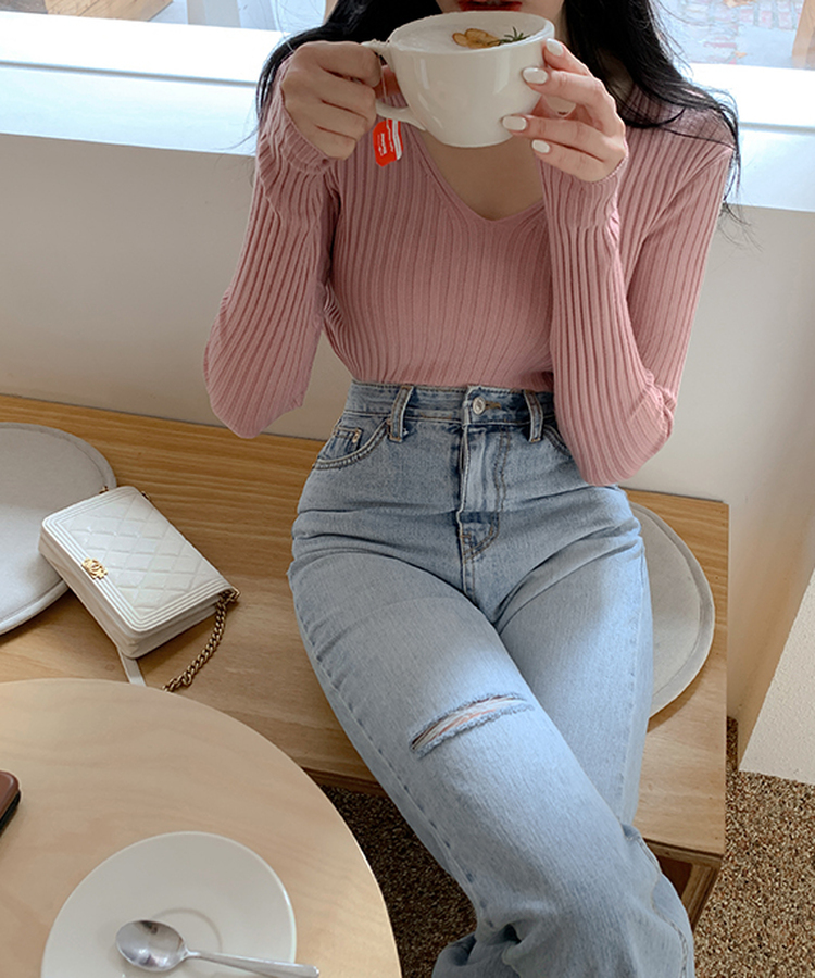 リブ 長袖 ニット 7カラー PINK