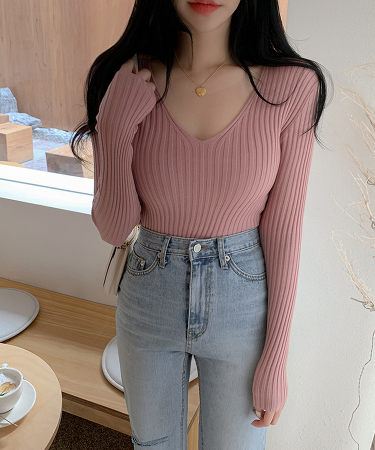 リブ 長袖 ニット 7カラー PINK