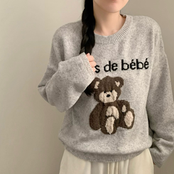 베어 라운드넥 긴팔 니트 가을 가을옷 겨울 상의 겨울옷 곰 곰돌이 그레이