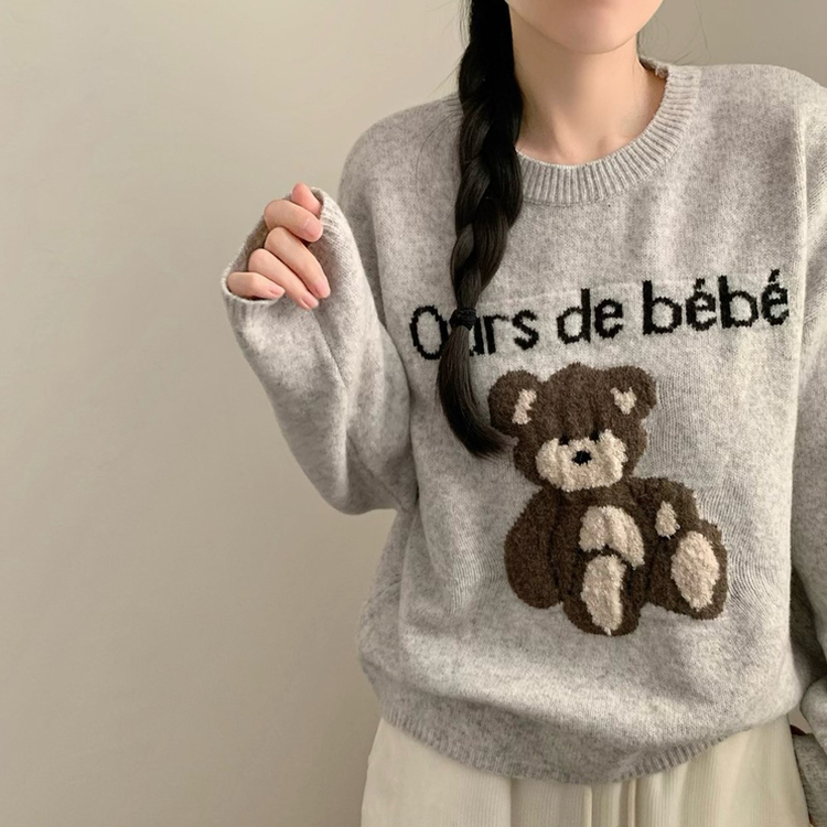 베어 라운드넥 긴팔 니트 가을 가을옷 겨울 상의 겨울옷 곰 곰돌이 그레이
