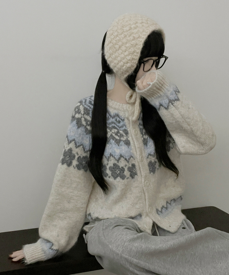 아이스플라워눈꽃노르딕패턴라운드울니트가디건